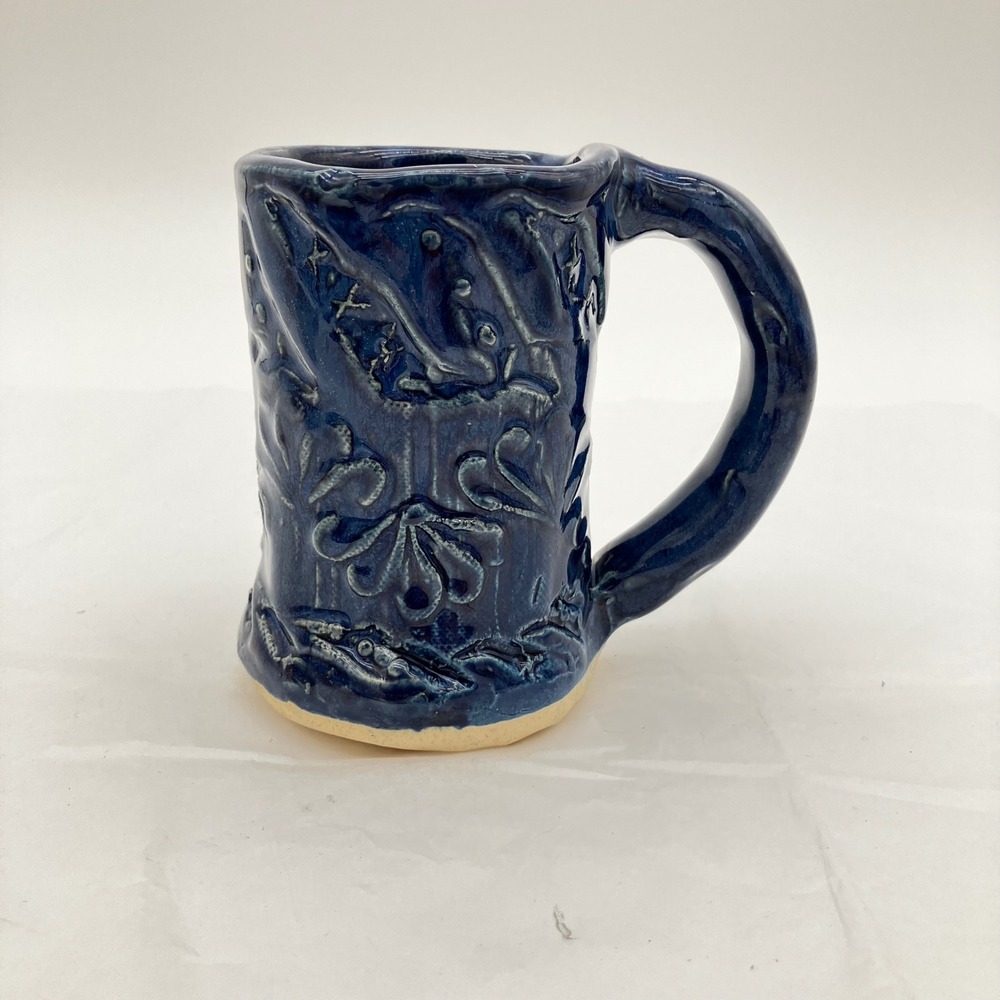Studio Art Pottery Coffee Mug 2003 5in Cobalt Blue Handmade Embossed